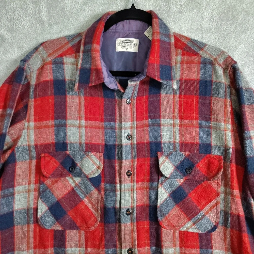Men's Vintage Wool Blend Flannel Shirt Red Plaid Button Up‎ Lumberjack Gorpcore